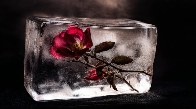 a flower frozen in an ice block in a dark room. dramatic light