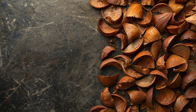 Broken Pieces of Amber Brown Soapnut Shells on Matte River Stone