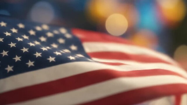 Close-up of waving American flag with vibrant colorful bokeh background during patriotic celebration