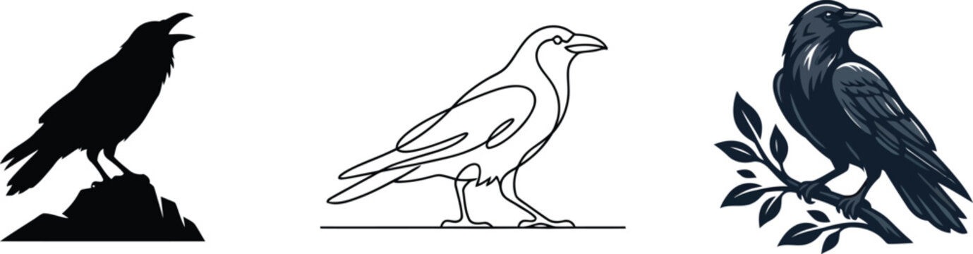Three stylized raven vector illustrations isolated on a transparent background.