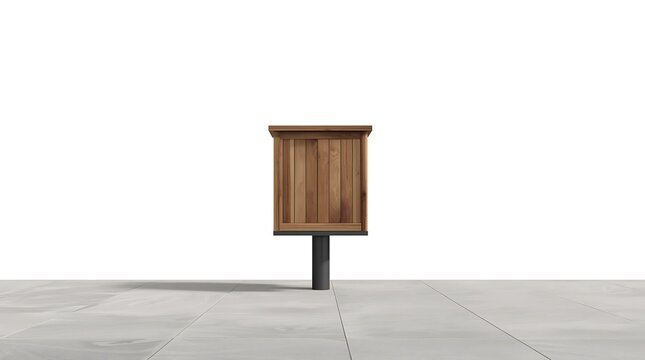 Wooden mailbox on a metal post against a white background.