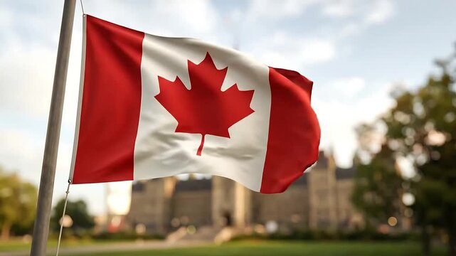 Dynamic collection of Canadian flags waving vigorously in daylight outdoor setting