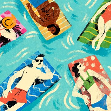 Top View Pool Scene with People on Inflatable Floats