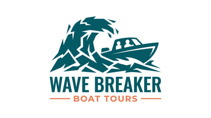Boat navigating a large wave, wave breaker logo concept, adventure and travel theme © MHM99
