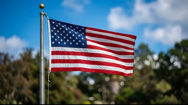 National Pride Demonstrated Through Vibrant American Flags Flapping Against Clear Blue Sky