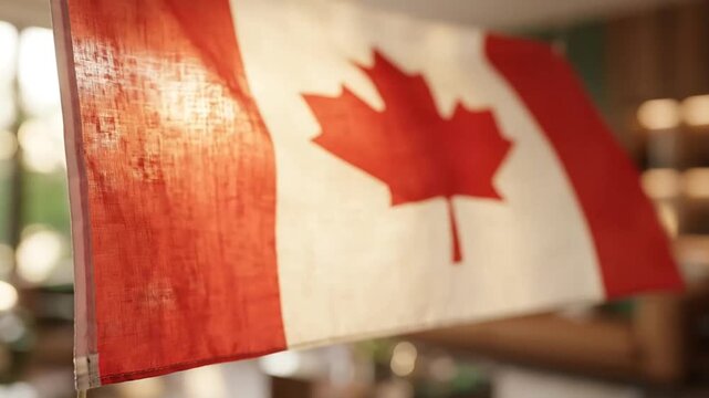 Close-up view of a Canadian flag fabric with vibrant red and white colors waving in natural sunlight