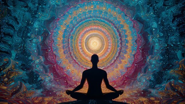 a psychedelic tapestry of chakras and auras with the silhouette outline of an adult human body in meditation,