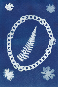Cyanotype of fern leaf with chain and flowers