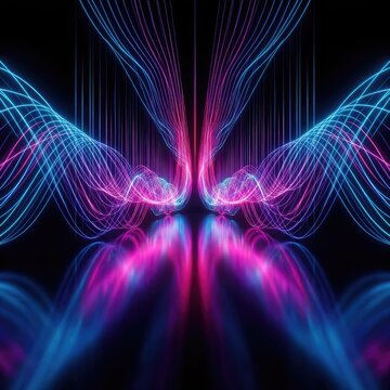 Symmetrical blue and purple light fiber optic abstract background.