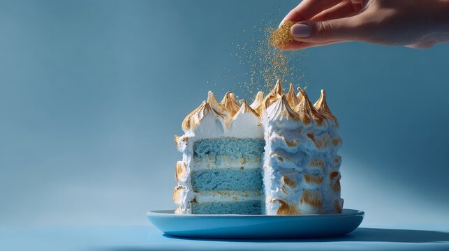 A single blue layered cake placed on a round blue pedestal against a soft monochrome blue background.