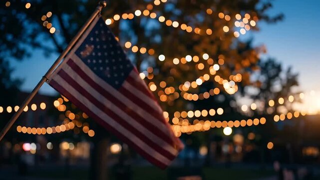 American flag waving among glowing string lights at dusk with a festive ambiance in a park setting