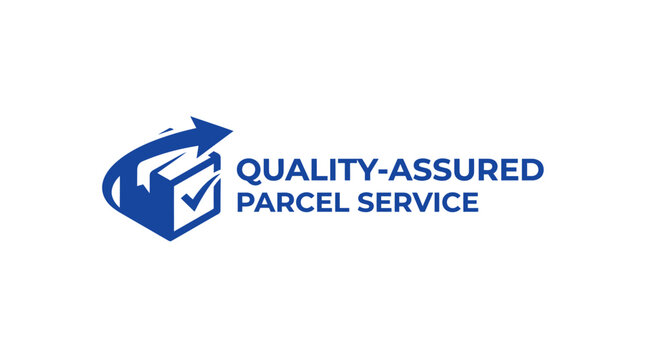 Modern vector logo for quality-assured parcel service with checkmark and arrow graphic element