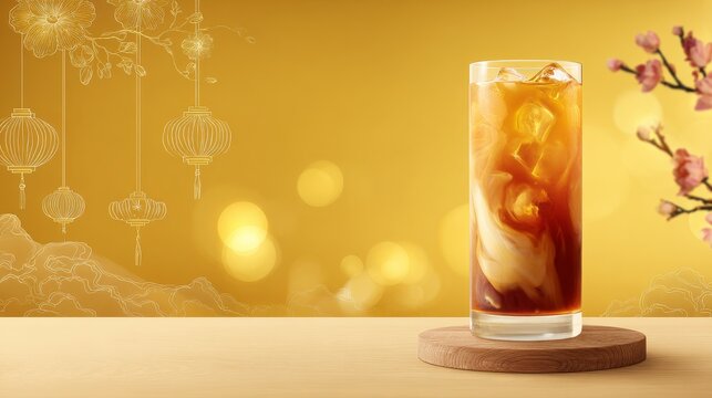 A tall clear glass of layered iced drink with swirling amber and honey tones, placed on a small wooden coaster