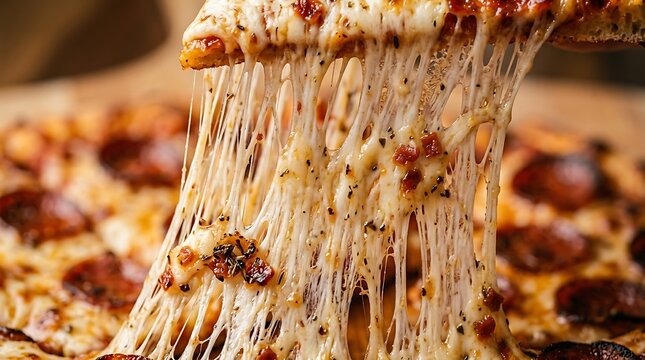 A slice of pepperoni pizza being lifted with melted cheese strings.