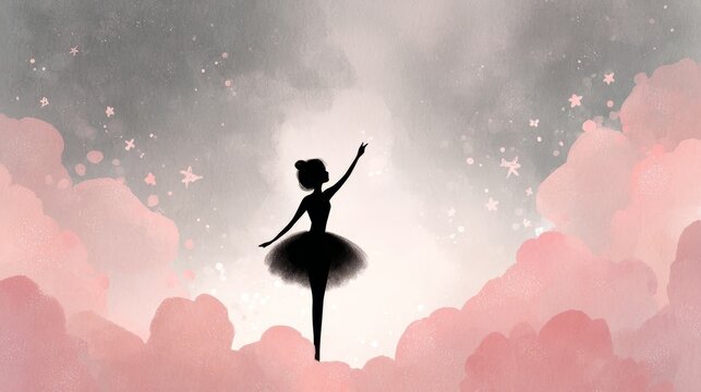 a whimsical illustration of a black silhouette of elegant girl in a black tutu skirt