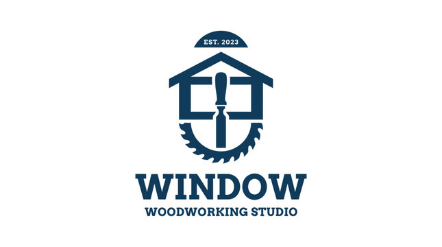 Woodworking studio logo with house, chisel, and saw blade vector illustration