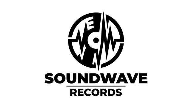 Graphic element logo with sound wave and vinyl record icon for soundwave records label