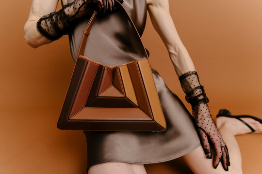 Fashion Brown Geometric Handbag With Sheer Gloves