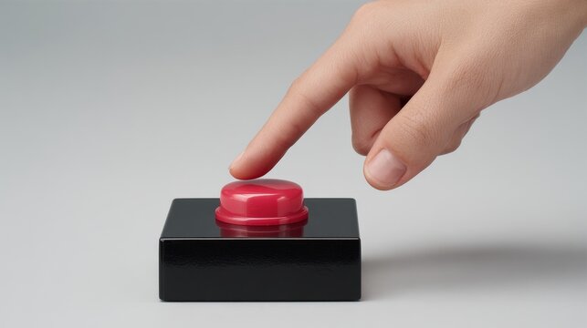 An open human hand with a flat palm pressing down a large red button on a black and black square base