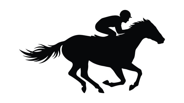 Fast galloping horse racing with professional jockey silhouette vector for equestrian sport
