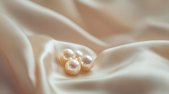 close-up fine art photograph of a small cluster of natural ivory pearls resting gently in flowing silk fabric.