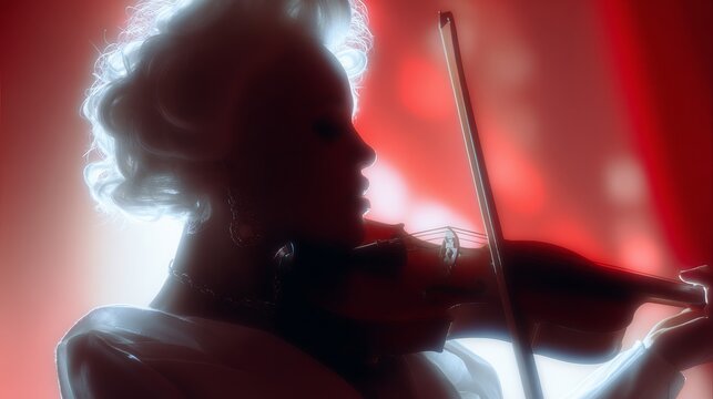 a black silhoutte angelic-looking woman playing the violin, with a blurred red background, a blurry, bokeh effect