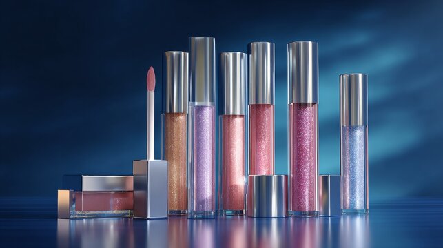 Cosmetic lip gloss packaging and formula display, multiple lip gloss tubes and tins arranged neatly on a modern vanity surface