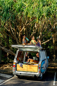 Friends sitting on van roof under pandanus trees