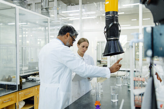 Two scientists young woman and Indian man in real laboratory