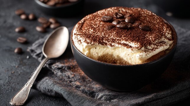 delicious tiramisu in a black bowl on a dark cloth