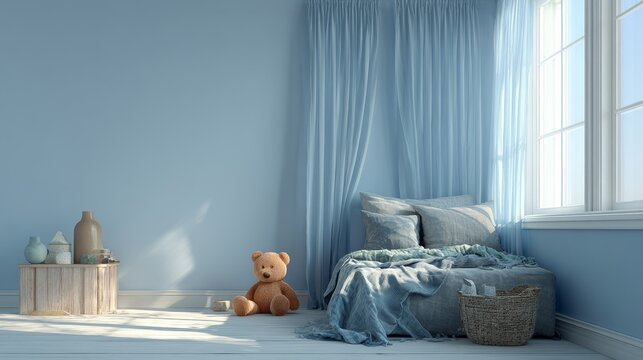 elegant little boy's room, plain blue walls, to be used as a mock up for framed pictures, toys on the bed, high resolution, french chic style lifestyle photography