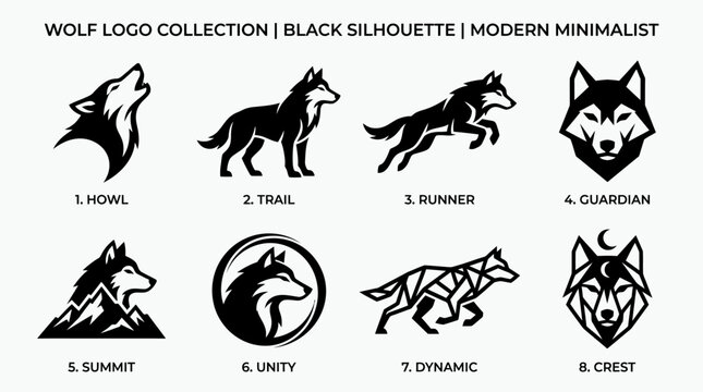 Black silhouette wolf logo designs.