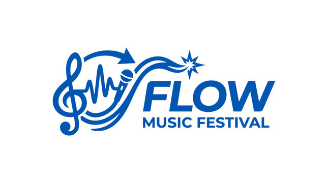 Flow Music Festival logo with treble clef, equalizer, and microphone graphic element