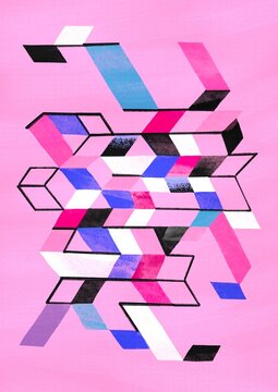 Abstract Geometric Composition with Isometric Shapes and Vibrant Color