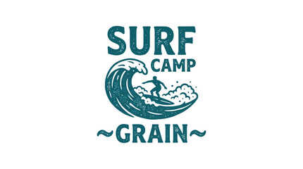 Surf camp logo with surfer riding a wave, vintage distressed graphic element © MHM99
