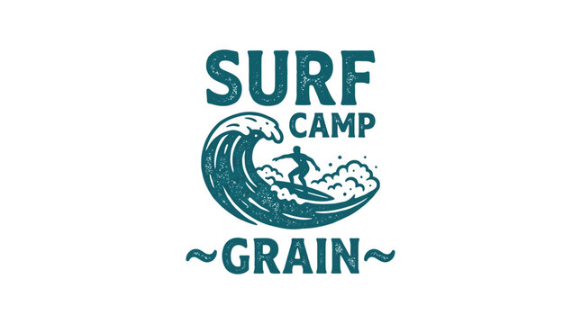 Surf camp logo with surfer riding a wave, vintage distressed graphic element