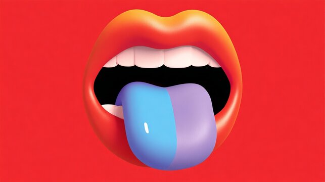 happy mouth with tongue with blue paint in the tip textured illustration
