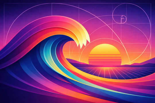 Vibrant Retro Wave Sunset with Geometric Spiral Design