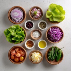 Obraz premium Fresh Ingredients for Healthy Salad Preparation Featuring Colorful Vegetables and Toppings in Wooden Bowls