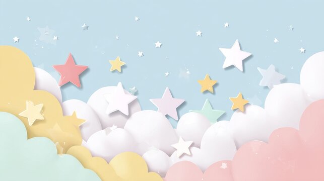 light blue sky, white clouds, pastel colorful stars, carton style design