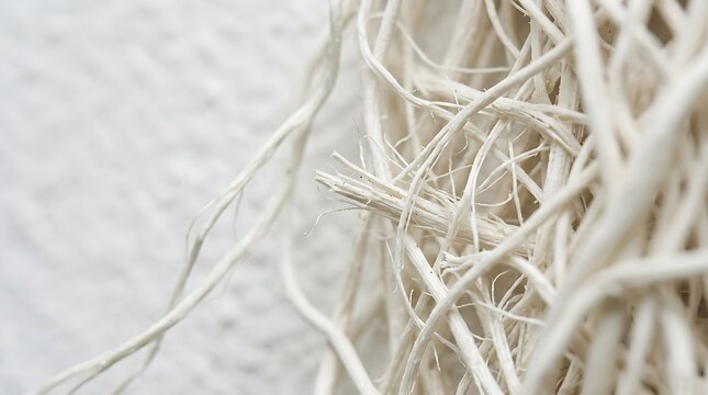 Macro close-up of natural white hemp or flax fiber bundle texture