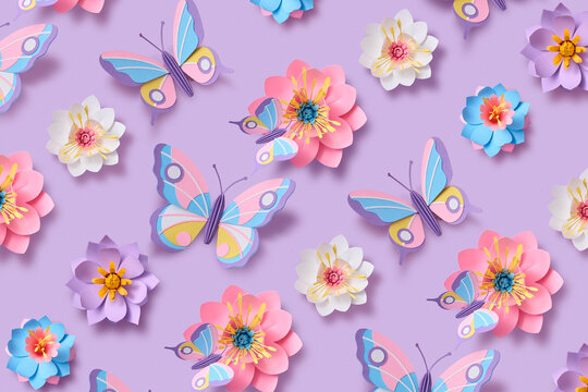 Seamless paper butterfly and flower pattern