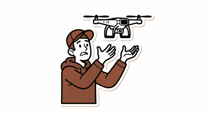 Confused man looking at hovering delivery drone above.