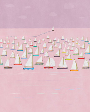 Disillusionment concept. Sailboat departs the fleet. Vertical format.