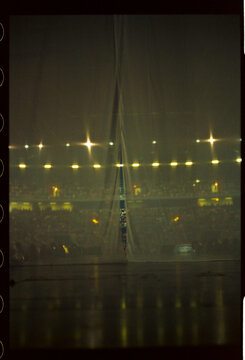 Stage seen through sheer curtain