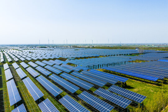 Aerial view of massive solar panel farm 