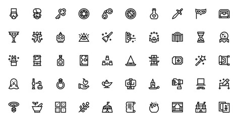 Magic icon pack. Minimalist thin line web icons set. Vector illustration. Featuring magician, wand, spellbook, magic ball, hat, cards, ghost, elixir, potion, skull, and more. © wang