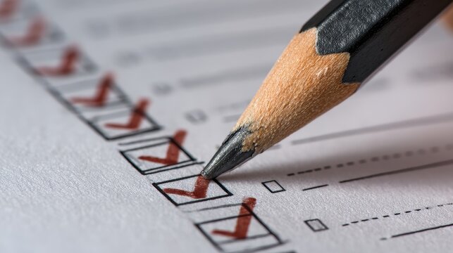 Pencil marking check boxes on a form, illustrating quality control completion accountability and a clear verification process for organized projects.