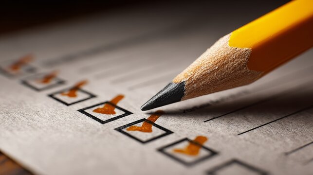 Pencil marking check boxes on a form, illustrating quality control completion accountability and a clear verification process for organized projects.