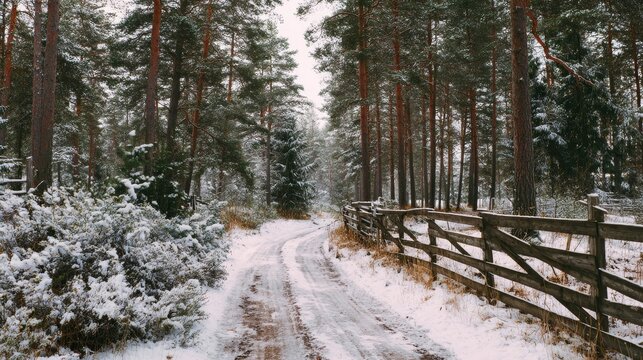 photograph of small road in middle of coniferous forest at winter. old wood fence on the other side of the road and snowy bushes. 